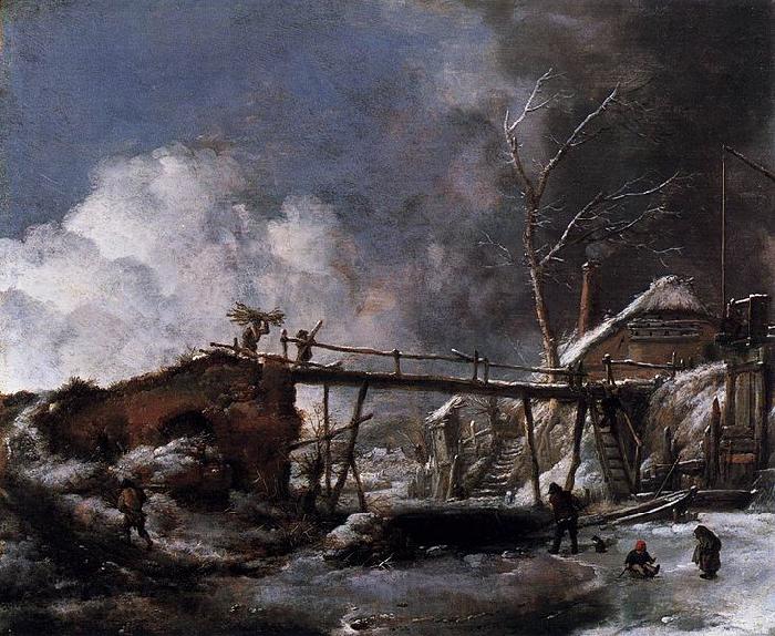 Philips Wouwerman Winter Landscape with Wooden Bridge France oil painting art